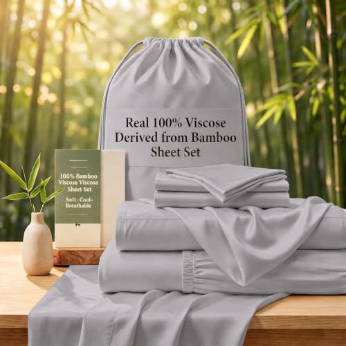 Real 100% Viscose Derived from Bamboo Sheets Set Queen Size, Cooling & Silky Soft for Hot Sleeper, Breathable & Moisture Wicking Fabric, 18" Deep Pocket with Corner Straps (Gray, Queen)