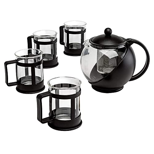 Half Moon Teapot Set with 4 Tea Cups, Removable Stainless Steel Filter and Infuser, Glass Tea Maker, Filter, Dishwasher Safe, 40-Ounce, Tea Gift Set, Tea Set for Service of 4 Adults