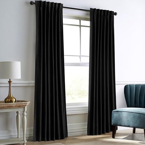 Velvet Room Darkening Curtains 108 Inch Long, 2 Panels, Black
