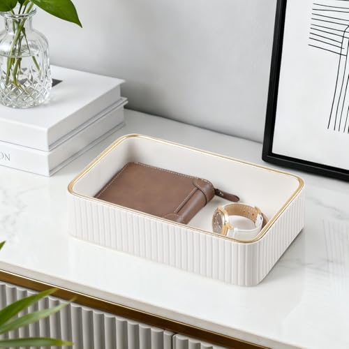 Desk Organizer Tray, PU Leather Nightstand Organizer, Ivory, Small - view 2