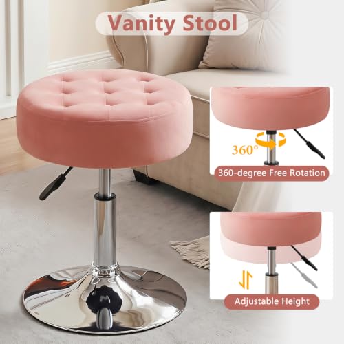 Mid-Century Velvet Tufted Makeup Ottoman Stool, 360° Swivel Adjustable Vanity Stool Modern Big Size Vanity Chair Stools for Living Room Bedroom Bathroom, Pink - view 5