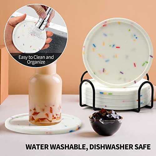 Silicone Coaster with Holder, Cute Drink Coasters for Nightstand, Soft Cup Coasters for Drinks, Desk Coasters in Office, Patio, Rubber Coaster Set, 6 pcs, Sprinkle Coasters，White, Not Glow. - view 3