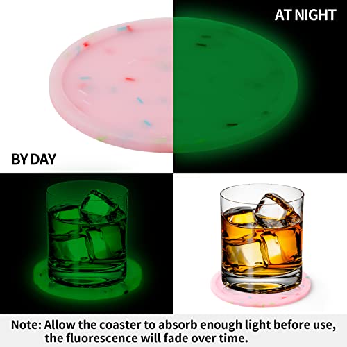Silicone Coasters with Holder, Cute Drink Coaster for Nightstand, Glow in Dark, Gift Idea,Cup Coaster for Drinks, Desk Coasters in Office，Sprinkle Coaster, Rubber Coaster Set, 6 pcs, Pink - view 4