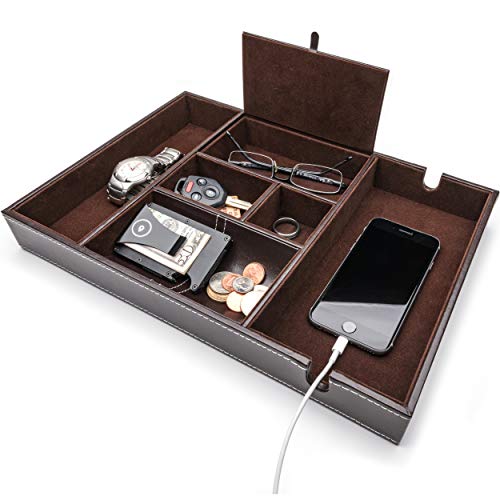 Nightstand Organizer, Valet Tray for Men and Women, EDC Tray, Dresser Top Catchall, Dark Brown Faux Leather, 6 Compartments