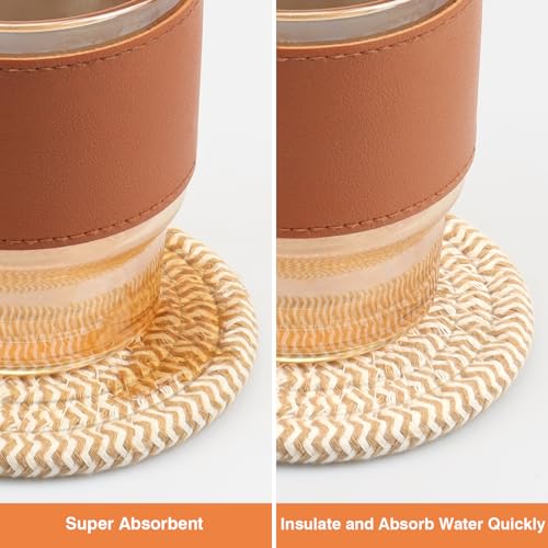 4.8" Drink Cotton Coasters Set of 2 - Boho Woven Drink Pads for Coffee & Tea, Neutral Sandstone Blend Fabric Cup Mats for Desk, Table, Nightstand, Dorm, Giftable Absorbent Coaster Set (Latte) - view 4