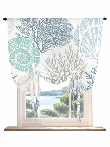 Tie Up Curtain for Windows, Blue Ocean Shells Coral Balloon Rod Pocket Curtains Adjustable Tie-up Shade Valance for Kitchen, Conch Starfish Marine Life Window Treatment 1 Panel 36x45in