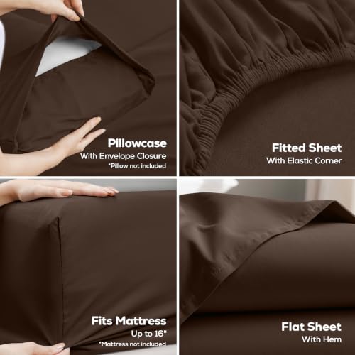 Twin Sheets Set, 3 Pieces 16" Deep Pocket Hotel Luxury Bed Sheets, Brown - view 3