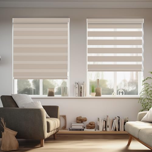 Corded Zebra Blinds for Indoor Windows Custom Size, Blackout Zebra Roller Shades with Cord Room Darkening for Sliding Glass Door, Living Room, Bedroom, Bathroom, Easy Install, Beige