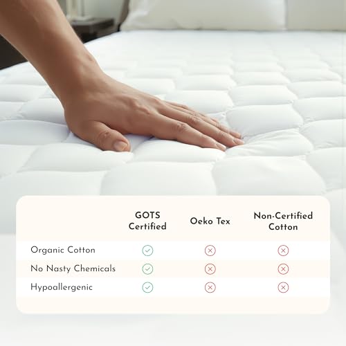 100% Cotton Organic Mattress Protector | Breathable & Noiseless Quilted GOTS Organic Mattress Pad with Premium 300GSM Durability | Machine Washable Bed Protector with Deep Pocket (White, King) - view 5