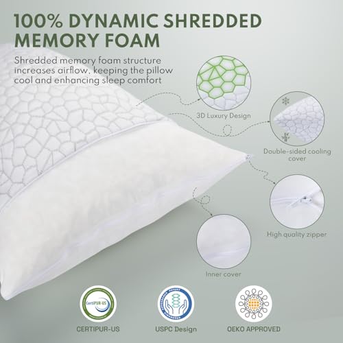 Pillows Queen Size Set of 2 - Cooling Shredded Memory Foam Pillow for Sleeping 2 Pack, Adjustable Cool Bed Pillows for Side, Back, and Stomach Sleepers, Gel Pillow Washable Removable Cover - view 4
