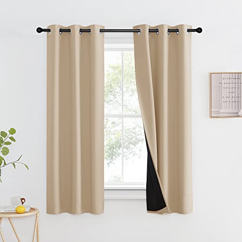 Bedroom Full Blackout Curtain Panel for Shack, Super Thick Insulated Window Cover, Complete Blackout Drapery with Black Liner for Small Window(Biscotti Beige, 1 PC, 37 by 63-inch)