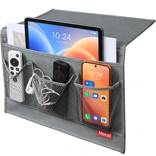Bedside Storage Organizer with 4 Pockets, Bedside Caddy, Table Cabinet Storage Organizer for TV Remote Control, Phones, Magazines, Tablets, Accessories, Grey