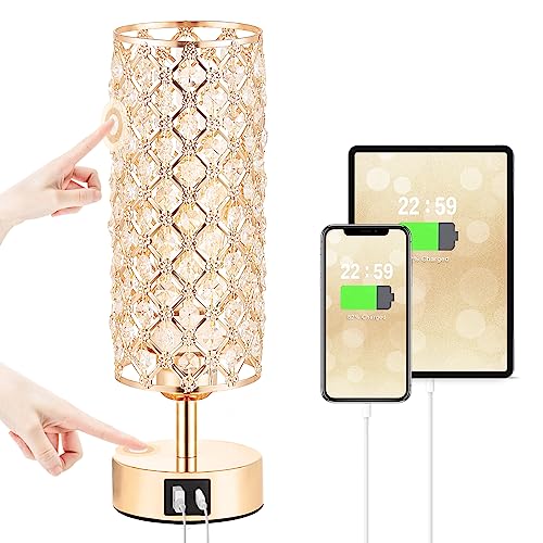 Gold Crystal Touch Lamp for Bedroom with USB-C/A, Bulb Included