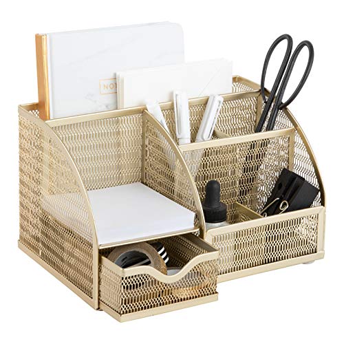Gold Desk Organizer with Drawer | Metal Desktop Caddy with Six Compartments for Office Supplies | Stylish Desk Organizers and Accessories for Home or Office