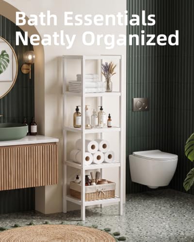 Bathroom Storage Shelf, 5-Tier Bamboo Rack Organizer, Multifunctional Shelving Unit for Living Room Bedroom Kitchen (White) - view 6