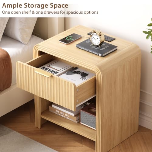 Curved Fluted Nightstands Set of 2 with Charging Station, Nature Oak - view 4