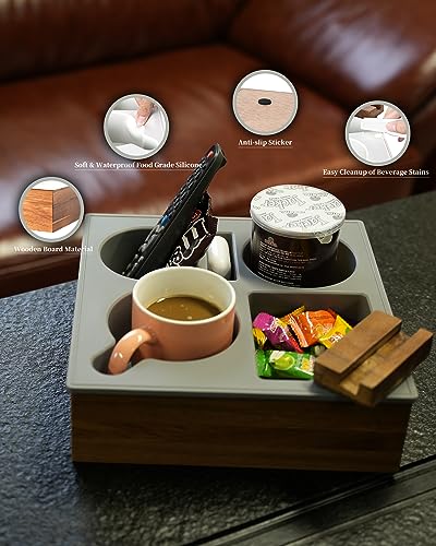 Couch Cup Holder Tray, Handy Soft Silicone Acacia Wooden Couch Caddy for Bed Car Seat Beach Organizer, Waterproof Anti-Spill Sofa Cup Holder for Snacks Beverage Remote (White) - view 4