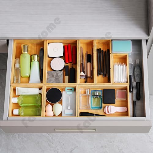 Drawer Organizer, Set of 9 Bamboo Wood Kitchen Makeup Desk Junk Tea Drawer Storage Boxes Bins for Cutlery Silverware Utensils Flatware, Small Wooden Container Tray for Bathroom, Office - view 2
