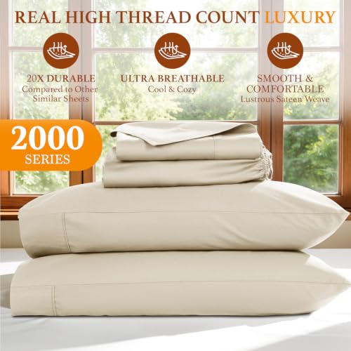 100% Egyptian Cotton Sheets Set, Luxury 2000 Series Egyptian Cotton Bed Sheets 4 PC, Long Staple,Silky Soft,Breathable & Cooling Sheets, 16" Deep Pocket(King, Beige) - view 2