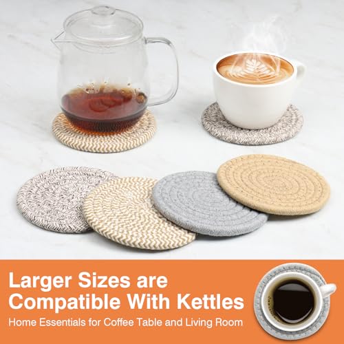 4.8" Drink Cotton Coasters Set of 2 - Boho Woven Drink Pads for Coffee & Tea, Neutral Sandstone Blend Fabric Cup Mats for Desk, Table, Nightstand, Dorm, Giftable Absorbent Coaster Set (Latte) - view 6