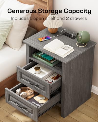 Nightstand Set of 2, Night Stand with Charging Station, Farmhouse Bedside Table with 2 Drawers, Open Shelf, Rustic End Table Storage Cabinet for Bedroom, Dark Gray - view 4