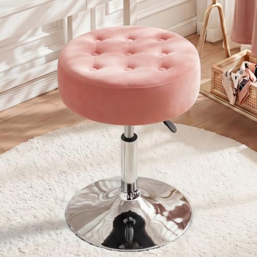 Mid-Century Velvet Tufted Makeup Ottoman Stool, 360° Swivel Adjustable Vanity Stool Modern Big Size Vanity Chair Stools for Living Room Bedroom Bathroom, Pink
