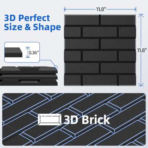 20 Pack Acoustic Panels with Self Adhesive, 11.8" X 11.8" X 0.36" High Density Sound Proof Foam Panels for Wall, Soundproof Wall Panel, Brick Sound Absorbing Panel for Home Studio Office Decor - Black - view 6