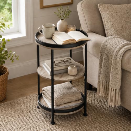 Side Table, Round End Table with 3 Storage Shelves for Living Room, Bedroom, Nightstand with Steel Frame for Small Spaces, Industrial Round Sofa Table, Outdoor Accent Coffee Table, Oak - view 2