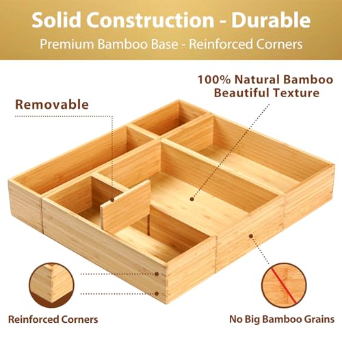 Drawer Organizer Storage Boxes, 2.5" High Bamboo Drawer Dividers, 5 Rearrangeable Bins for Kitchen, Office Desktop, Clothing, Makeup, vanity, Jewelry - view 3