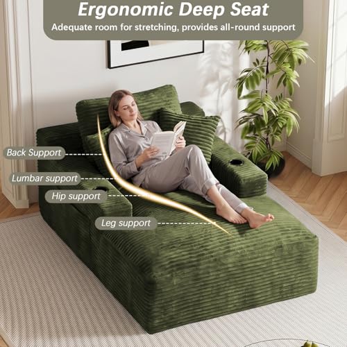 50" x 76" Corduroy Chaise Lounge Sofa Bed with Cup Holders, Green - view 4