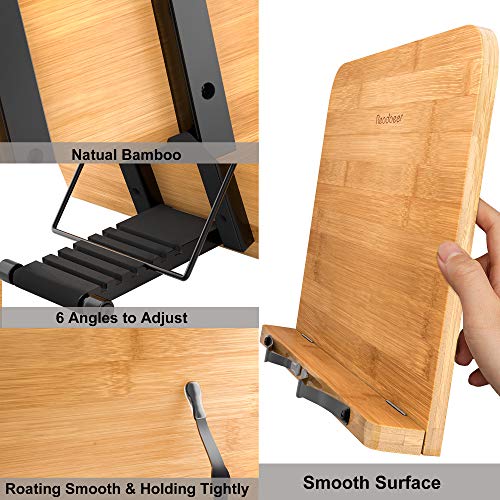 Bamboo Book Stand, Large Book Holder with 6 Adjustable Height, Foldable Cookbook Stand Desktop Document Holder for Kitchen & Office (13.4 x 9.3 Inch) - view 4
