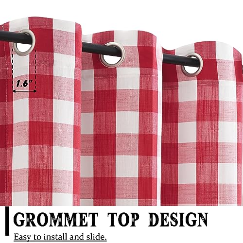Red White Buffalo Check Semi Sheer Curtain Panels Gingham Plaid Textured Curtains Drapery,Farmhouse Grommet Window Drapes for Small Window,2 Panels,40"x54" - view 4