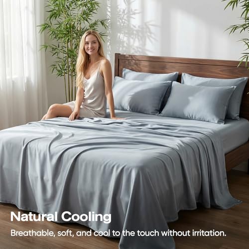 100% Real Bamboo Viscose & Lyocell Tencel Sheets Set King Size | Breathable & Cooling for Hot Sleeper | Luxury Silky Soft Fabric | 18" Deep Pocket with Corner Straps (French Blue, King) - view 3
