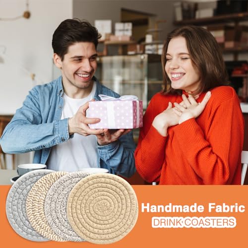 4.8" Drink Cotton Coasters Set of 2 - Boho Woven Drink Pads for Coffee & Tea, Neutral Sandstone Blend Fabric Cup Mats for Desk, Table, Nightstand, Dorm, Giftable Absorbent Coaster Set (Latte) - view 7