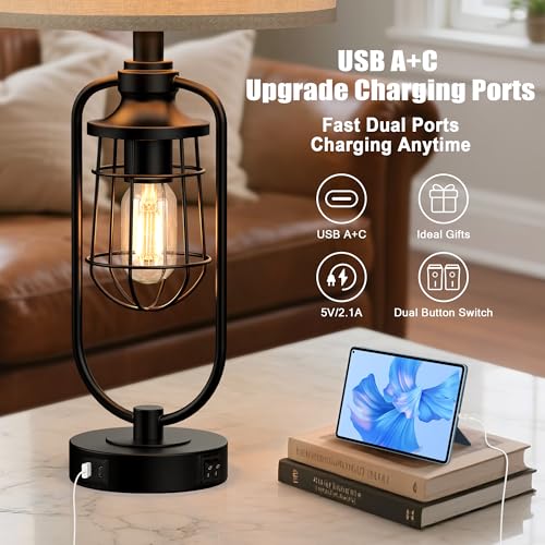 24" Farmhouse Black Table Lamps Set of 2 for Living Room, USB A+C - view 3