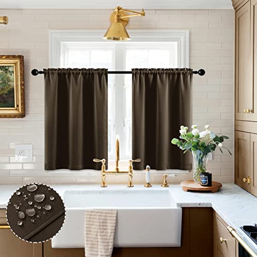 Coffee Brown Curtains for Kitchen Window,Small Blackout Waterproof Western 2 Panels Rod Pocket Cafe Tier Front Back Door Window Covering Shades for Bathroom Bedroom,24 Inches Long,Dark Chocolate - view 4