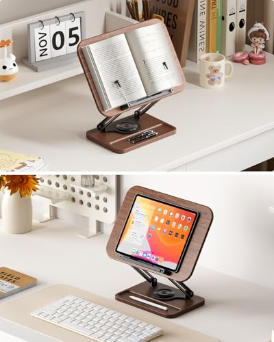Book Stand for Reading, Book Holder 360° Rotating Base with Pen Slot, Foldable Reading Display Stand with Elastic Page Clips for Cookbook, Recipe, Textbook, Tablet, Laptop - view 2