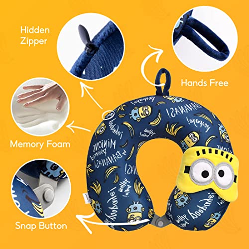 Minions Travel Neck Pillow with Eye Mask, Cute Cartoon 100% Memory Foam Neck Support Pillow, Lightweight Travelling Pillow Set for Airplane, Car and Home Use - view 3