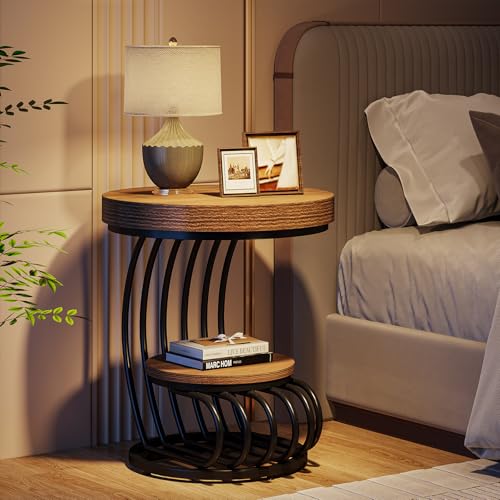 Round End Table, 2-Tier Farmhose Wood Side Table with Shelf Storage, Small Sofa Side Bedside Nightstand, Arc-Shaped Frame Accent Furniture for Living Room, Light Brown - view 6