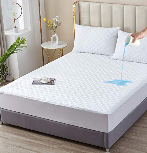 King Size 100% Waterproof Mattress Protector, Quilted Cooling Fitted Bed Mattress Cover Pad, 13"-15" Deep Pocket, Soft and Breathable Noiseless Machine Washable, Vinyl Free (King)