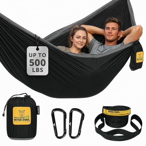 Hammock for Camping Double Hammocks Gear for The Outdoors Backpacking Survival or Travel - Portable Lightweight Parachute Nylon DO Black & Grey