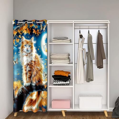 Cute Cat Door Curtain Autumn Maple Leaves Tree Doorway Curtain Wild Butterfly Darkening Blackout Curtain Blue Night Moon Drape for Bedroom Privacy 1 Panel 34" W X 80" L - view 2