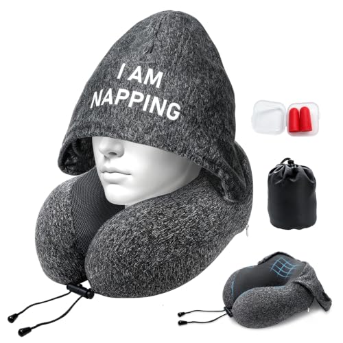 Travel Neck Pillow with Hood for Privacy on Long Flights-Comfortable Memory Foam Filling for Plane, Office,Car Sleeping and Resting, Road trip Head and Neck Support for Airplane Travel Essentials