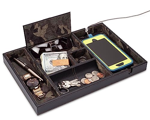 Victory Valet Tray for Men, Camo Gifts for Men, Handmade PU Leather EDC Tray, Scratch Resistant, Nightstand Organizer - Black Woodland Camo