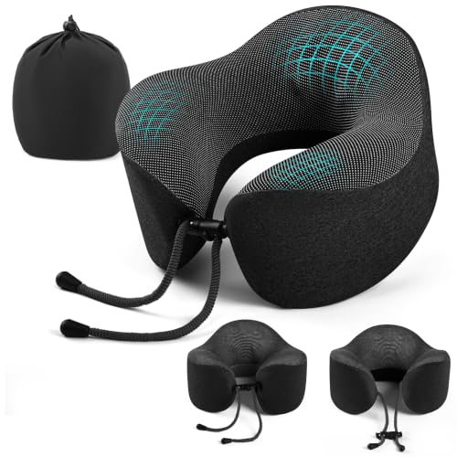 Travel Neck Pillow, Ergonomic Memory Foam Reading Pillow for Ncek Support Travel Sleeping, Airplane Pillow for Long Flight woth Soft Massage Granules & Fold- Black