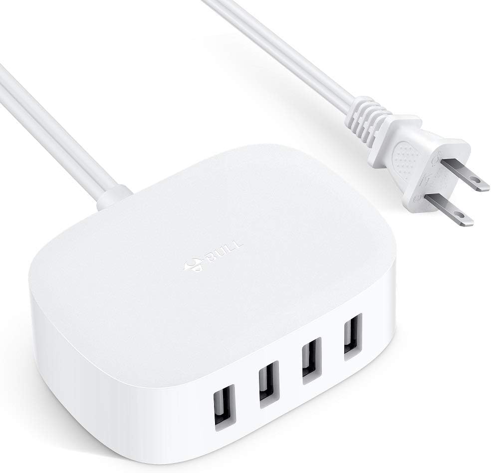 USB Charging Station 4 Port - USB Charger Block Multiple, Wall Charger Cable White 6ft Charging Hub for Multiple Devices (ULlisted)