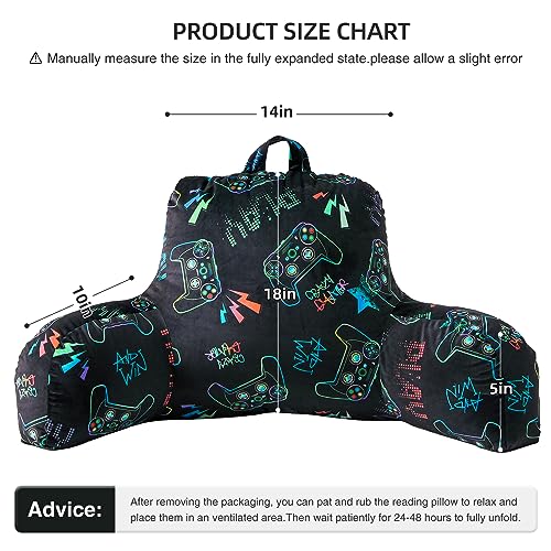 Kids Back Resting Pillow for Gaming Reading and Watching TV Bed Rest Wedge Backrest Pillow with Arms Back Support for Sitting Up in Bed Cushion Incline Rest Sleeping Pillow (Black-Gamer) - view 3