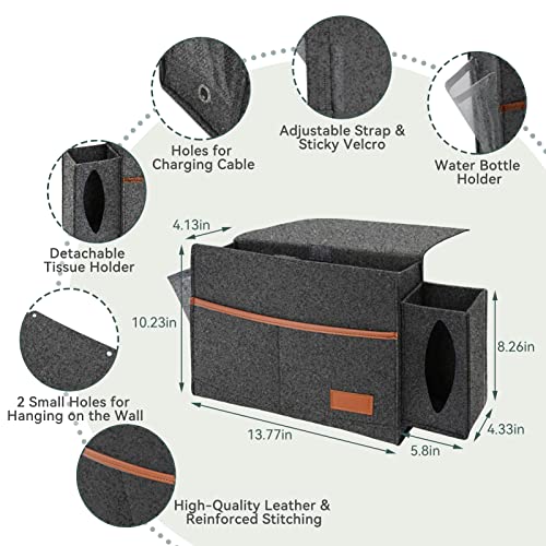 Bedside Storage Organizer, Stain Resistant, 7 Pockets with Tissue Box & Bottle Holder for Remotes Phone Magazine Ipad, Bedside Caddy for Dorm Sofa Desk Felt Bedside Pocket (13.8 * 11.4 In) - view 4