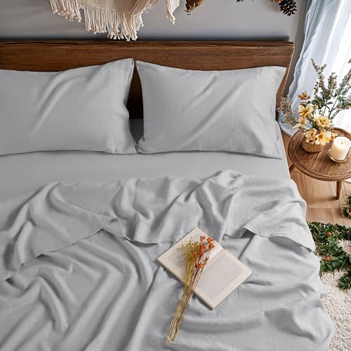 100% French Linen Sheet Set 4Pcs Deep Pocket 16", Full Size Gray