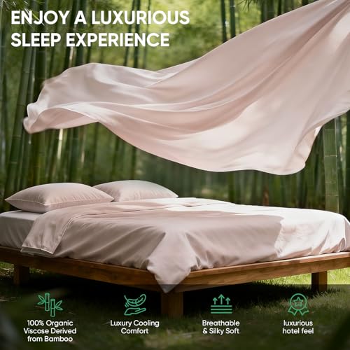 Real 100% Viscose Derived from Bamboo Sheets Set Queen Size, Cooling & Silky Soft for Hot Sleeper, Breathable & Moisture Wicking Fabric, 18" Deep Pocket with Corner Straps (Sand, Queen) - view 5
